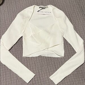 Alice + Olivia Cream Ribbed Long Sleeve Crop Top